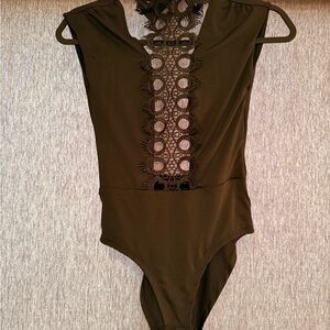Black Bodysuit with Plunging V-Neck and Lace-Up Detail